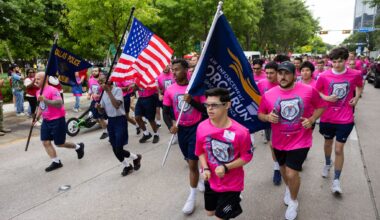 Runners participate in the 2026 Law Enforcement Torch Run, benefiting Special Olympics Texas, at Klyde Warren Park in Dallas, TX, Thursday, April 16, 2026.