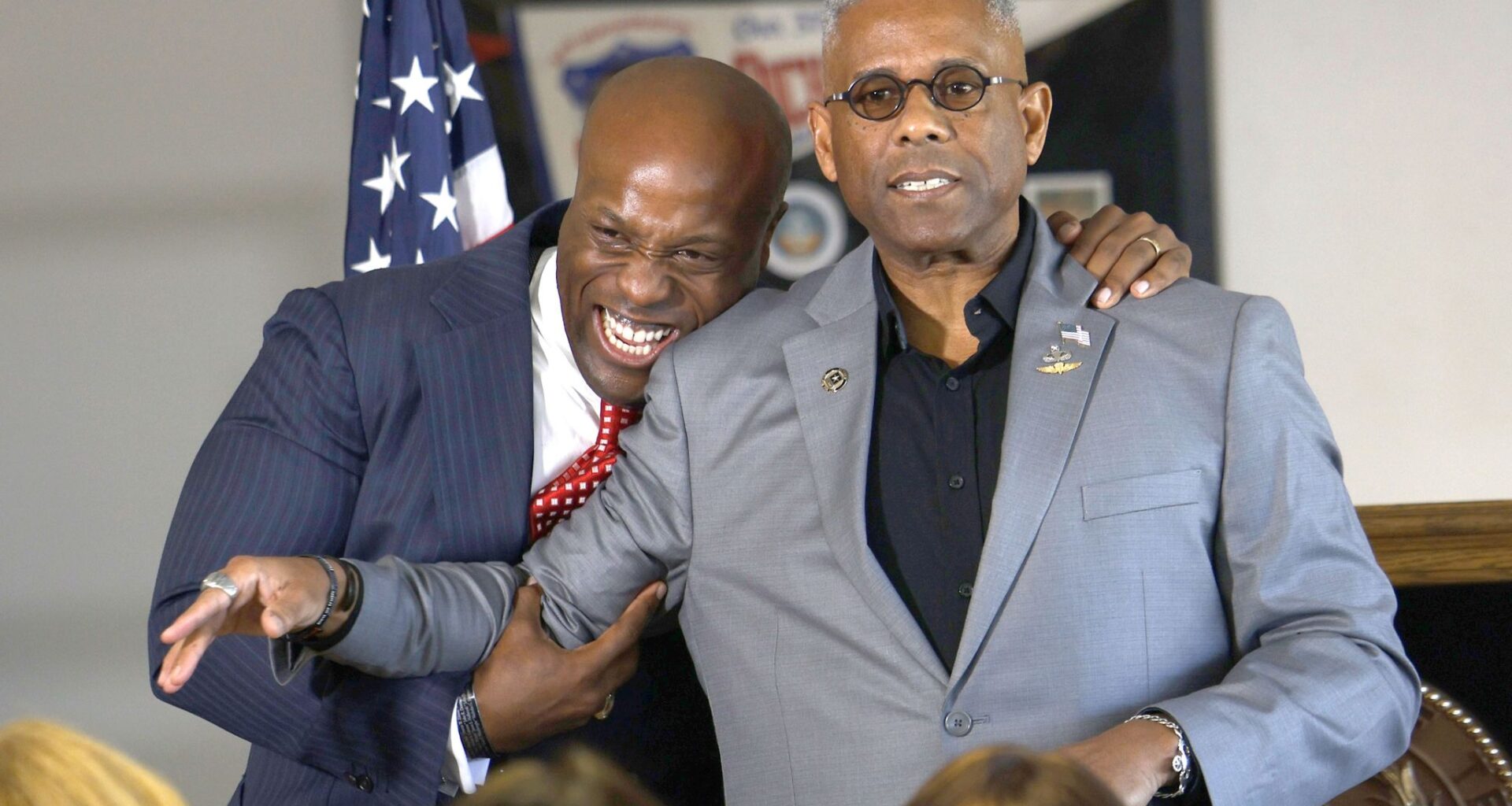 Rep. Wesley Hunt, R-Texas, left, greets Allen West, chair of the Dallas County Republican Party, as he arrives at the party's headquarters to attend a meet and greet event to kick off early voting in the U.S. Senate Republican primary, Monday, Feb. 16, 2026, in Dallas .