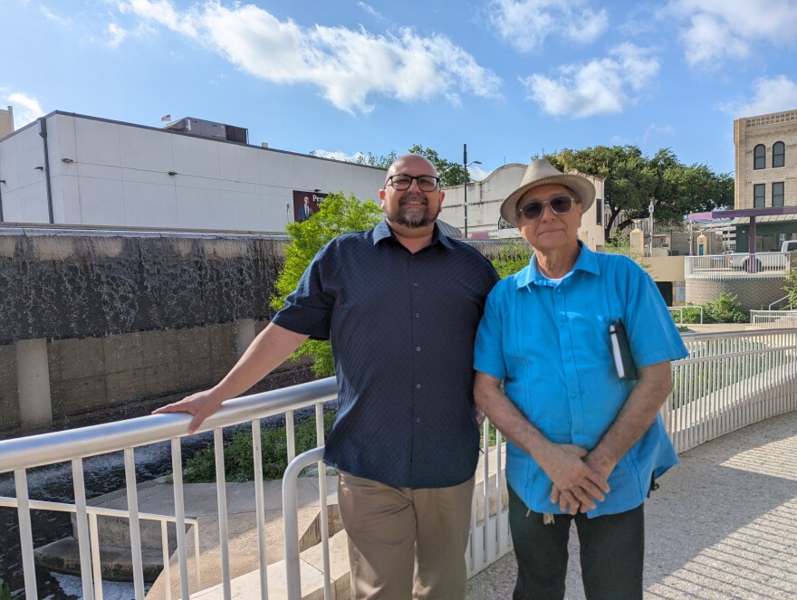 San Antonio Poet Laureate Eddie Vega (left), George Cisneros, director of music and media, URBAN-15.