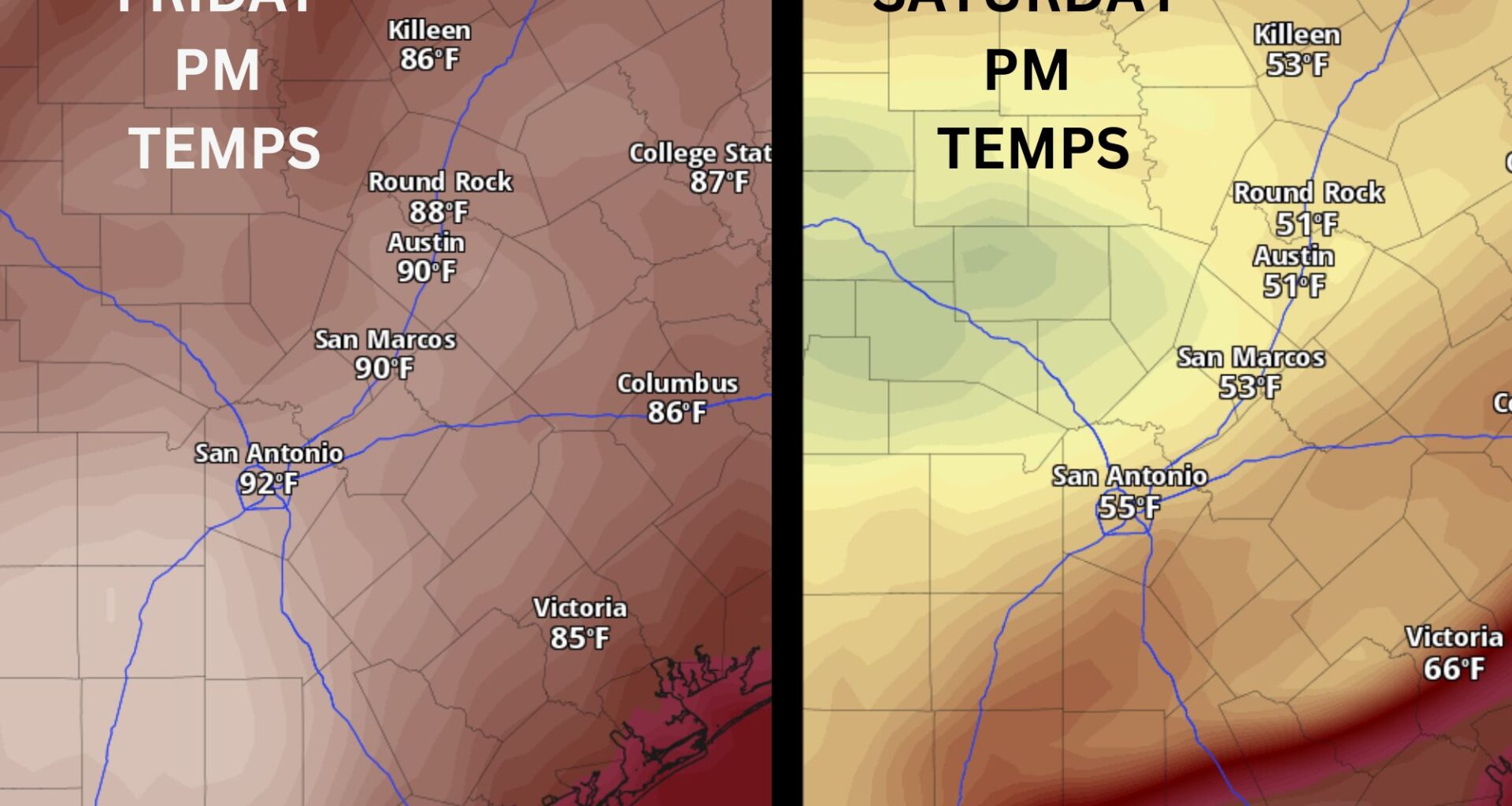 Big temperature drop headed to Austin. What's the timing of the front?