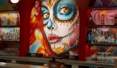 The mural behind the bar at Tres Arcos.