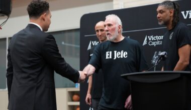 With the help of former players Manu Ginobili, back left, and Tim Duncan, right, former San Antonio Spurs head coach Gregg Popovich, center, introduces Mitch Johnson, left, as the new head coach of the San Antonio Spurs NBA basketball team, in San Antonio, Monday, May 5, 2025.