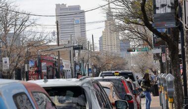 Parking meters line up in the Deep Ellum District, Saturday, Feb. 17, 2024, in Dallas.