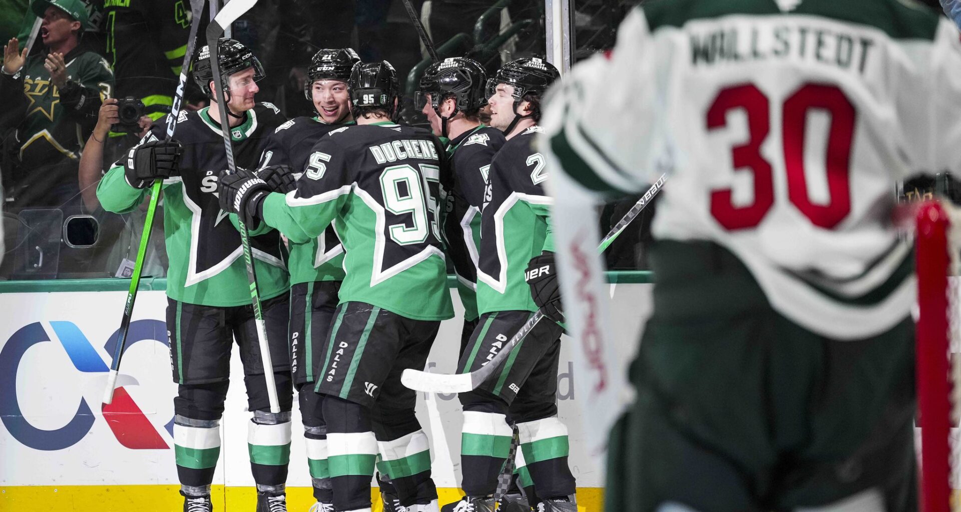 Dallas Stars goaltender Jake Oettinger (29) snares a breakaway first period shot by Minnesota Wild left wing Matt Boldy (12) in Game 2 of a first-round NHL hockey playoff series in Dallas, April 20, 2026.