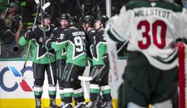 Dallas Stars goaltender Jake Oettinger (29) snares a breakaway first period shot by Minnesota Wild left wing Matt Boldy (12) in Game 2 of a first-round NHL hockey playoff series in Dallas, April 20, 2026.