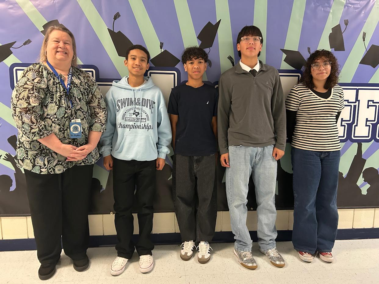 From left, Kaffie Middle School science teacher Cynthia Hopkins submitted eighth grade students Maxwell Mitchell, Nevyn Braxton, Donaven Mouton and Averie Bazan into the Presidential AI Challenge, where they were named state winners.