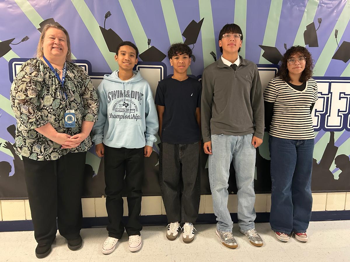 From left, Kaffie Middle School science teacher Cynthia Hopkins submitted eighth grade students Maxwell Mitchell, Nevyn Braxton, Donaven Mouton and Averie Bazan into the Presidential AI Challenge, where they were named state winners.