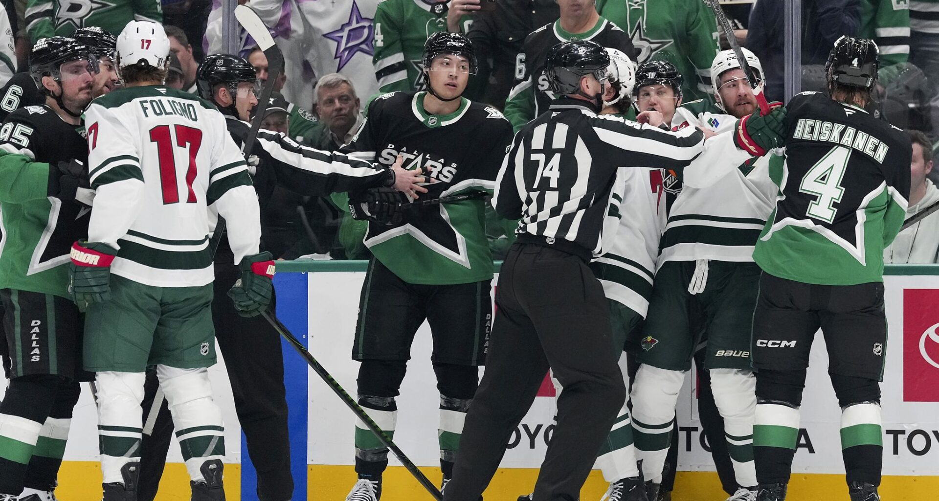 Minnesota Wild left wing Marcus Foligno (17) works out prior to Game 1 of a first-round NHL Stanley Cup playoffs hockey series between the Dallas Stars and the Minnesota Wild, Saturday, April 18, 2026, in Dallas. (AP Photo/Julio Cortez)