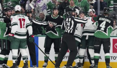 Minnesota Wild left wing Marcus Foligno (17) works out prior to Game 1 of a first-round NHL Stanley Cup playoffs hockey series between the Dallas Stars and the Minnesota Wild, Saturday, April 18, 2026, in Dallas. (AP Photo/Julio Cortez)