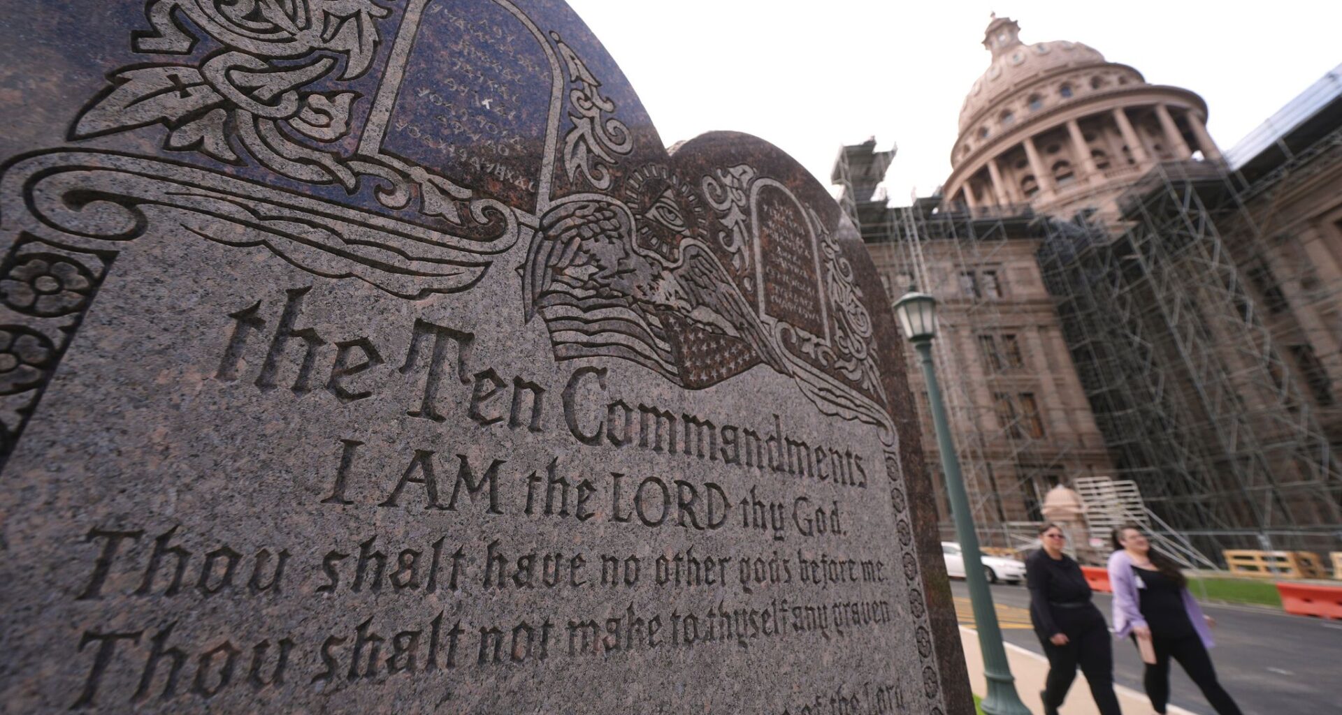 A granite Ten Commandments monument stands on the ground of the Texas Capitol, on May 29, 2025, in Austin.