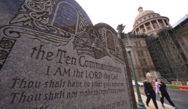 A granite Ten Commandments monument stands on the ground of the Texas Capitol, on May 29, 2025, in Austin.