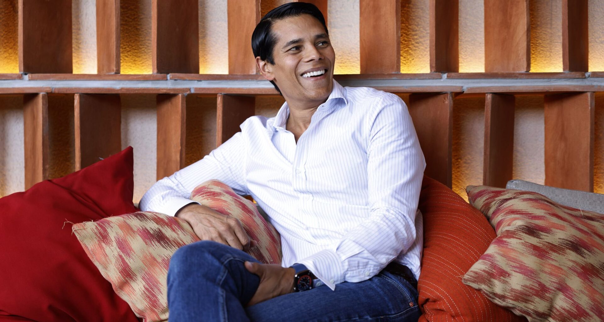 Texas native and Nextdoor CEO Nirav Tolia sits for a portrait at one of his favorite restaurants, Mi Cocina, at Highland Park Village in Dallas, July 11, 2025. The Nextdoor app is doing a redesigned launch on July 15 with new features.