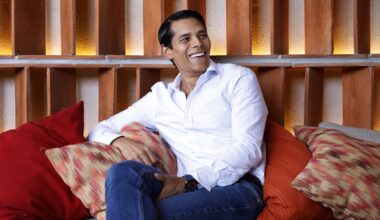 Texas native and Nextdoor CEO Nirav Tolia sits for a portrait at one of his favorite restaurants, Mi Cocina, at Highland Park Village in Dallas, July 11, 2025. The Nextdoor app is doing a redesigned launch on July 15 with new features.