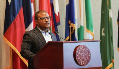 State Rep. Venton Jones, D-Dallas, speaks during a press conference in response to Gov. Greg Abbott's threat to Dallas to revoke public safety funding he says the city may lose because of its rules around collaborating with ICE, at Dallas City Council, on Wednesday, April 22, 2026.