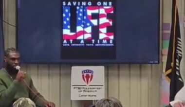 Will Anderson Jr. speaks to military veterans in need at Houston's 'Camp Hope'