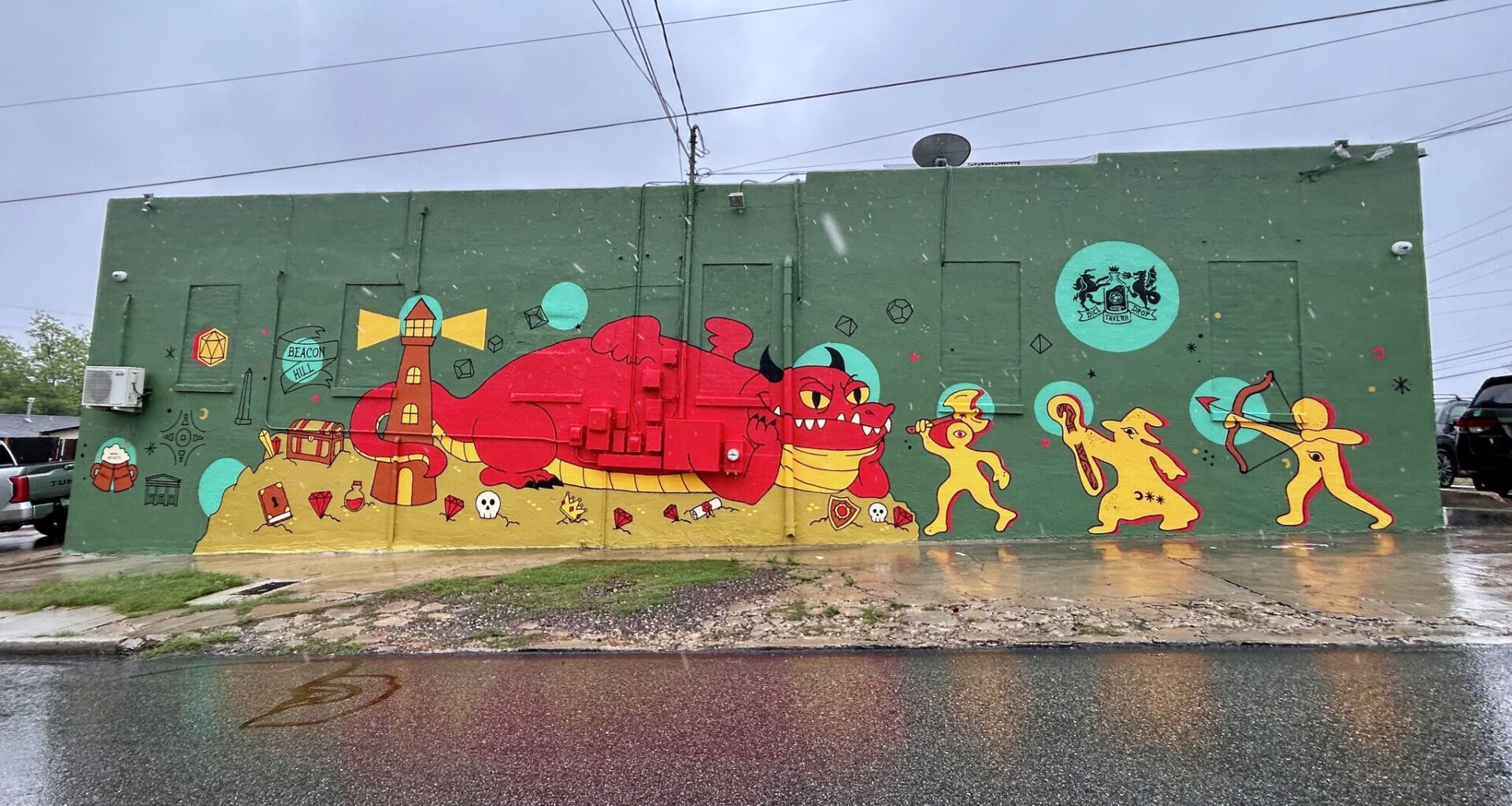 A mural on the side of Drop Dice Tavern.