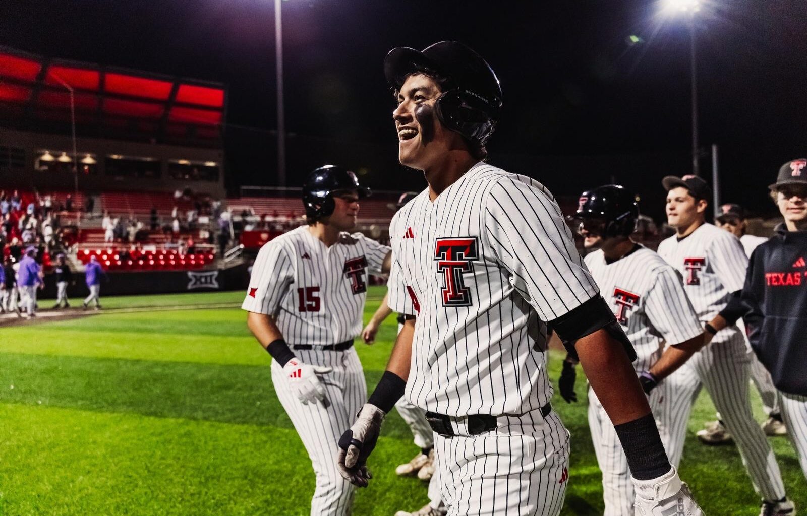 Logan Hughes celebrates his third inning home run, the 30th of his career, in Tech's 13-3 win over Tarleton Tuesday