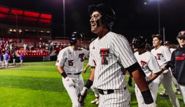 Logan Hughes celebrates his third inning home run, the 30th of his career, in Tech's 13-3 win over Tarleton Tuesday