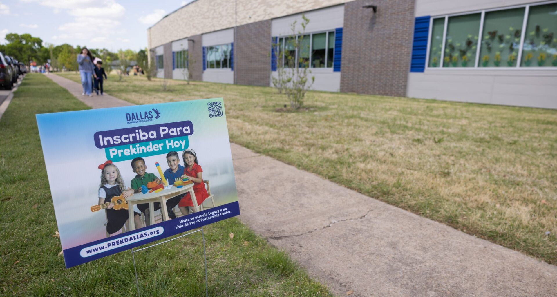 A sign advertises DISD’s pre-K program outside of Martha Turner Reilly Elementary School in Dallas on April 8, 2026.