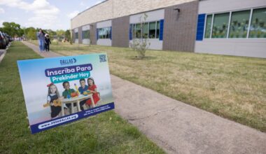 A sign advertises DISD’s pre-K program outside of Martha Turner Reilly Elementary School in Dallas on April 8, 2026.