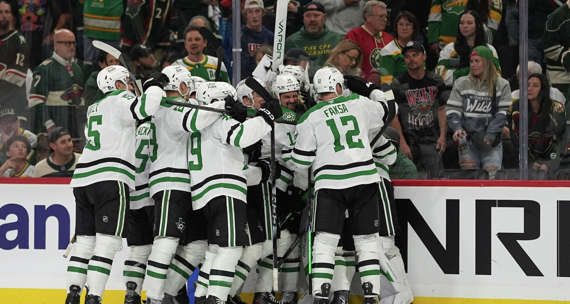 Dallas Stars center Wyatt Johnston (53) looks on during the first period in Game 1 of a first-round NHL Stanley Cup playoffs hockey series between the Dallas Stars and the Minnesota Wild, Saturday, April 18, 2026, in Dallas. (AP Photo/Julio Cortez)