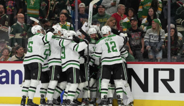 Dallas Stars center Wyatt Johnston (53) looks on during the first period in Game 1 of a first-round NHL Stanley Cup playoffs hockey series between the Dallas Stars and the Minnesota Wild, Saturday, April 18, 2026, in Dallas. (AP Photo/Julio Cortez)