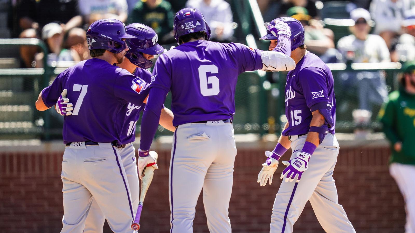 The TCU baseball team celebrates by pouring Gatorade over Rob Liddington after his game-winning hit.