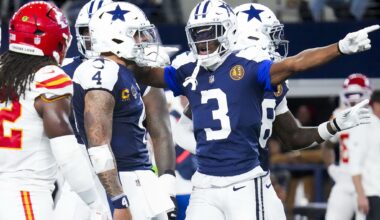 Dallas Cowboys Chief Sales and Marketing Officer Jerry Jones Jr. (from left), head coach Brian Schottenheimer, owner Jerry Jones, pro college scout Shy Anderson Jr., COO Stephen Jones work in the Cowboys draft room before the first round of the NFL Draft on Thursday, April 23, 2026.