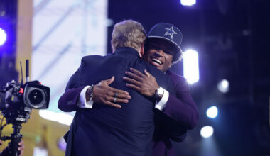 Dallas Cowboys Chief Sales and Marketing Officer Jerry Jones Jr. (from left), head coach Brian Schottenheimer, owner Jerry Jones, pro college scout Shy Anderson Jr., COO Stephen Jones work in the Cowboys draft room before the first round of the NFL Draft on Thursday, April 23, 2026.