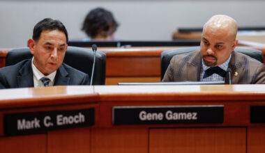Acting CEO Gene Gamez (left) listens alongside DART Board Chair Randall Bryant during a special-called DART meeting of the Committee-of-the-Whole, Thursday, April 16, 2026, in Dallas.