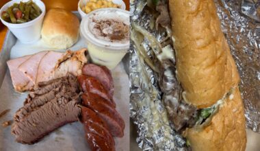 Food from Smoke Shack BBQ, left, and Smoke Shack Delicatexan, right.
