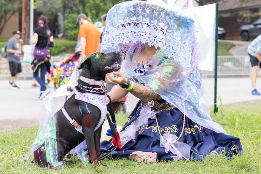 Nyx and her owner participated in the Pooch Parade Costume Contest for Best Matched Human and Animal dressed as an alebrije and Catrina on April 25, 2026