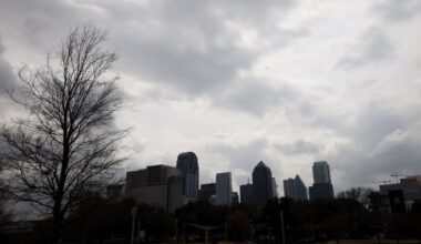 The downtown Dallas skyline is seen from Griggs Park on a cloudy day, Wednesday, March 4, 2026, in Dallas.