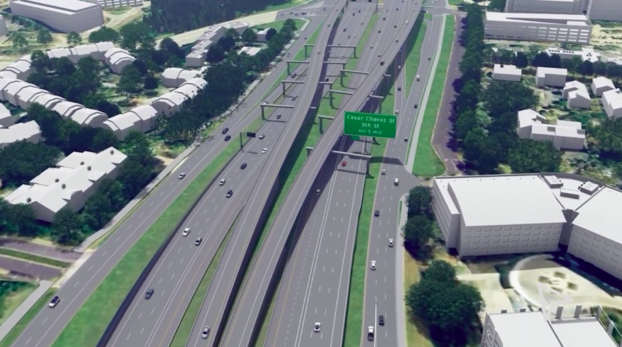 A rendering showing an aerial view of flyover ramps near Barton Skyway.