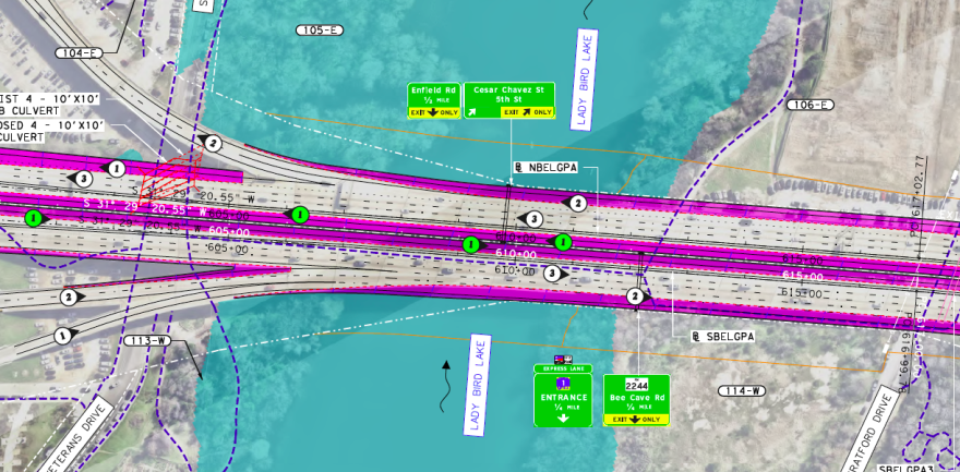 An overhead schematic view of the MoPac bridge over Lady Bird Lake