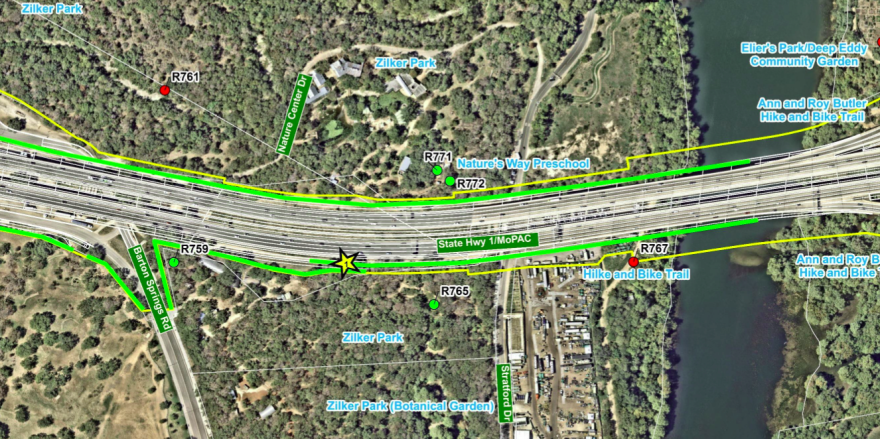 A map showing where the noise wall would go near Zilker Park