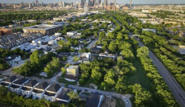 Aerial view of the Gilbert-Emory neighborhood looking toward the downtown skyline on Sunday, April 30, 2023 in Dallas.