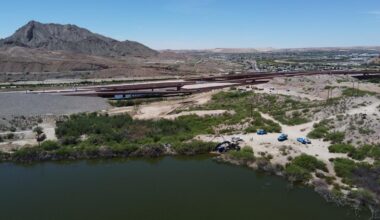 Cement Lake, also known as Portland Reservoir, is seen looking south as the El Paso Police Department closed multiple West El Paso thoroughfares Thursday amid concerns about a potential breach near Doniphan Drive. Closures include Loop 375 at Race Track Drive and Paisano Drive, Doniphan Drive between Race Track and Paisano drives, Sunland Park Drive at Crockett Street, and McNutt Road at River Levee Road while El Paso Water assesses risks and reduces water pressure at the lake.