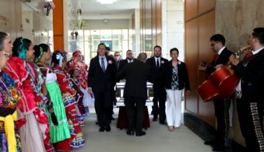 Mariachis and members of Ballet Folklorico line the hall as Anita N. Martinez’s casket is taken down the hall during her funeral in Dallas, Texas, Monday, April 27, 2026. Martinez was the first Mexican American person elected to the Dallas City Council. Anita was also the founder of Ballet Folklorico.