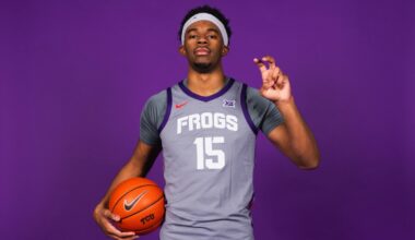 Gavin Sykes poses with a Frogs Sign in front of a purple background wearing a grey jersey.
