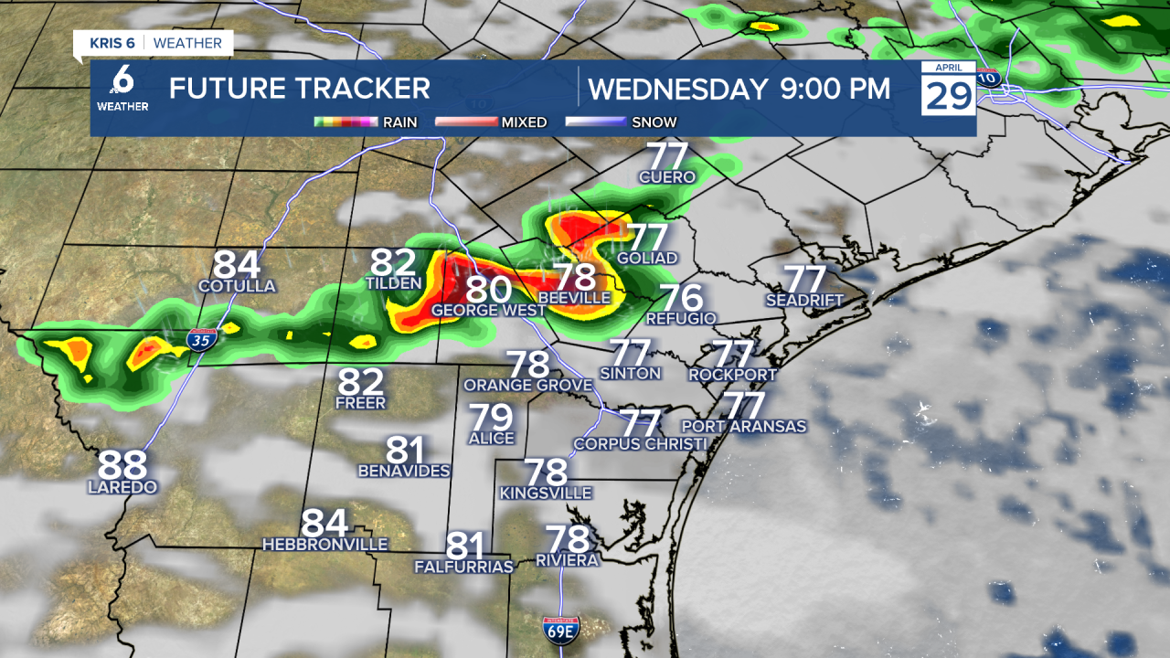 Future Tracker shows storms near our inland neighborhoods on Wednesday night.