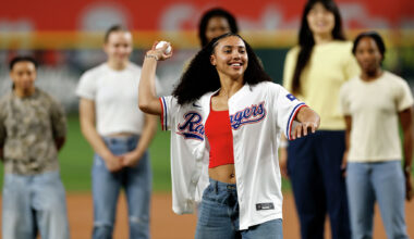 Azzi Fudd joined by Paige Bueckers for first pitch at Yankees-Rangers