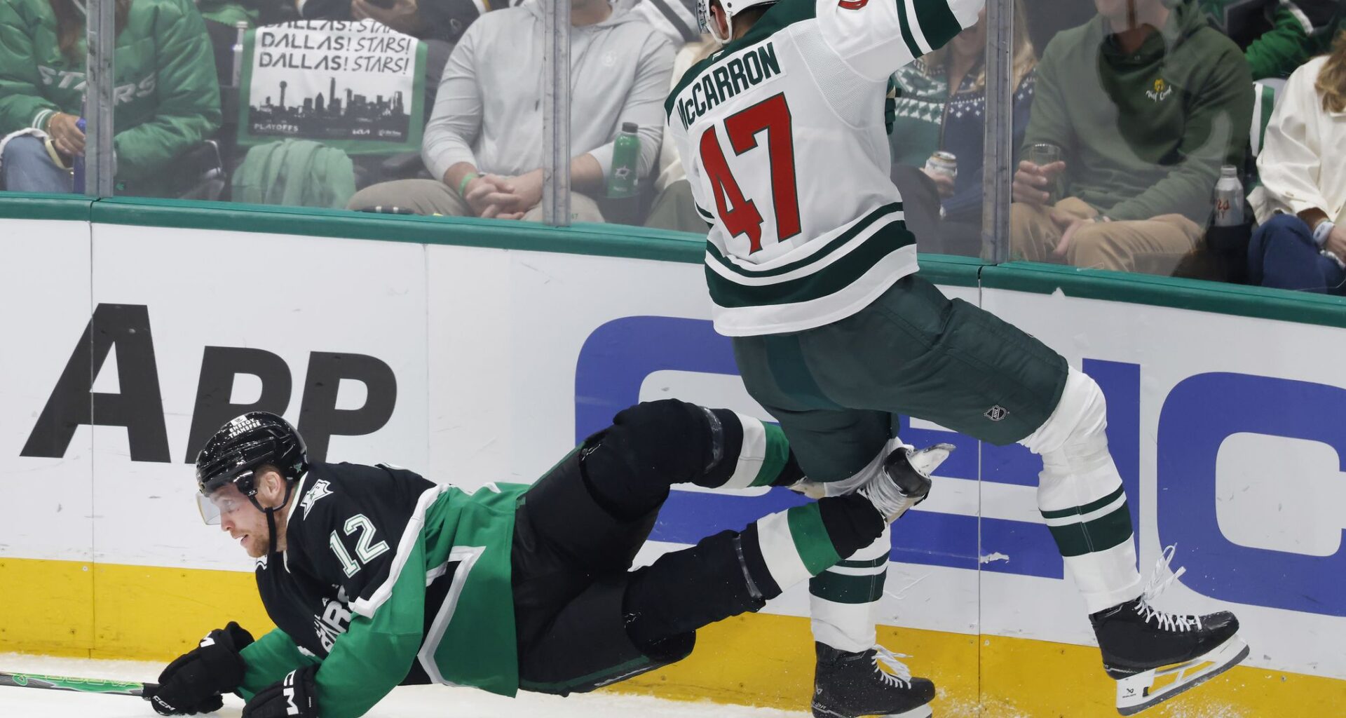 Dallas Stars left wing Jamie Benn (14) pins down yells to the official as he heads to the penally box during the third period in Game 5 of a first-round NHL hockey playoff series game in Dallas, April 28, 2026. Benn and Minnesota Wild right wing Ryan Hartman got into it with Benn giving him a cross check. The Stars fell to the Wild, 4-2.