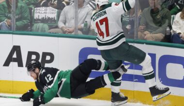 Dallas Stars left wing Jamie Benn (14) pins down yells to the official as he heads to the penally box during the third period in Game 5 of a first-round NHL hockey playoff series game in Dallas, April 28, 2026. Benn and Minnesota Wild right wing Ryan Hartman got into it with Benn giving him a cross check. The Stars fell to the Wild, 4-2.