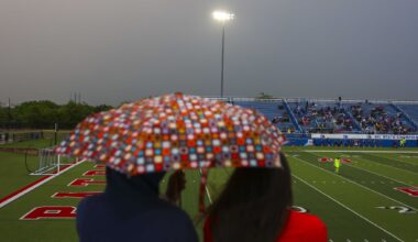 Storm cloud gather in the sky as Frisco Wakeland takes on Comal Pieper during Class 5A Division II championship game, in Georgetown, Friday, April 10, 2026.