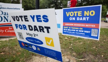 Political signs, including signs for and against the  Dallas Area Rapid Transit, on display during the last day of early voting at Addison Town Hall in Addison, TX, Tuesday, April 28, 2026. Addison voters will decide whether DART service continues in the city or if trains and buses will move through without stopping.