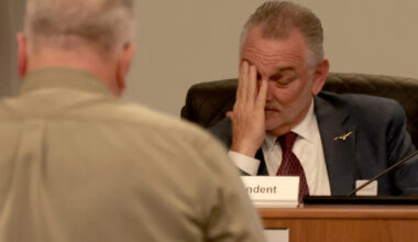 Fort Worth ISD Superintendent Dr. Peter Licata shows the impact of a marathon meeting nearing its fifth hour as one of nearly 200 residents signed up to speak voices his concerns pertaining to proposed changes within the district on April 28 2026.
