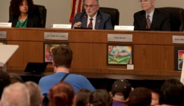 Fort Worth ISD Superintendent Dr. Peter Licata (center) explains to a capacity crowd the necessity for proposed changes within the district as board President Pete Geren (right) and Vice President Courtney Lewis listen during the Fort Worth ISD School Board’s regular meeting held in their Board Room at 7060 Camp Bowie Boulevard in Fort Worth, on April 28 2026.