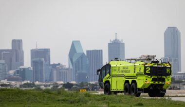 Dallas-Fire Rescue chief Justin Ball climbs out of the PANTHER 6x6 electric vehicle after a demonstration ride in Dallas Love Field airport, Wednesday, April 29, 2026.