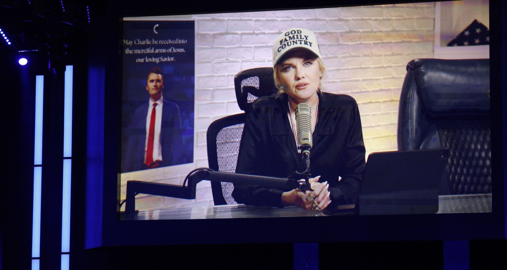 Turning Point USA CEO Erika Kirk speaks via video during TPUSA’s Make Heaven Crowded Tour at Prestonwood Baptist Church, Wednesday, April 29, 2026, in Plano.